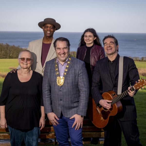1.	Pictured at Ardgillan Castle and Demesne, Balbriggan, during the filming of TradFest, the Fingal Sessions were: Back Row (from left): Eric Bibby and Muireann Bradley. Front Row (from left): Ulrika Bibby, Mayor of Fingal, Cllr Adrian Henchy, and Fiachna Ó Braonáin. 