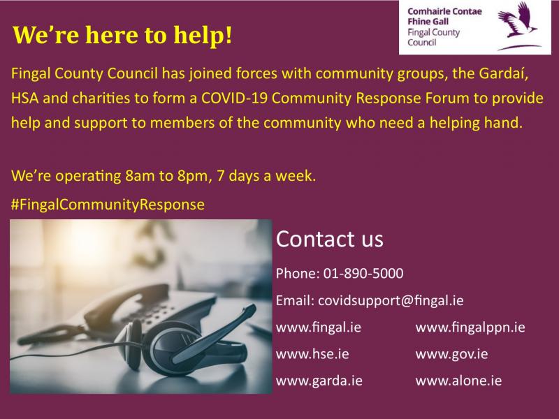 Graphic showing 01-8905000 as the number of the Fingal Community Response helpline and covidsupport@fingal.ie as the email address