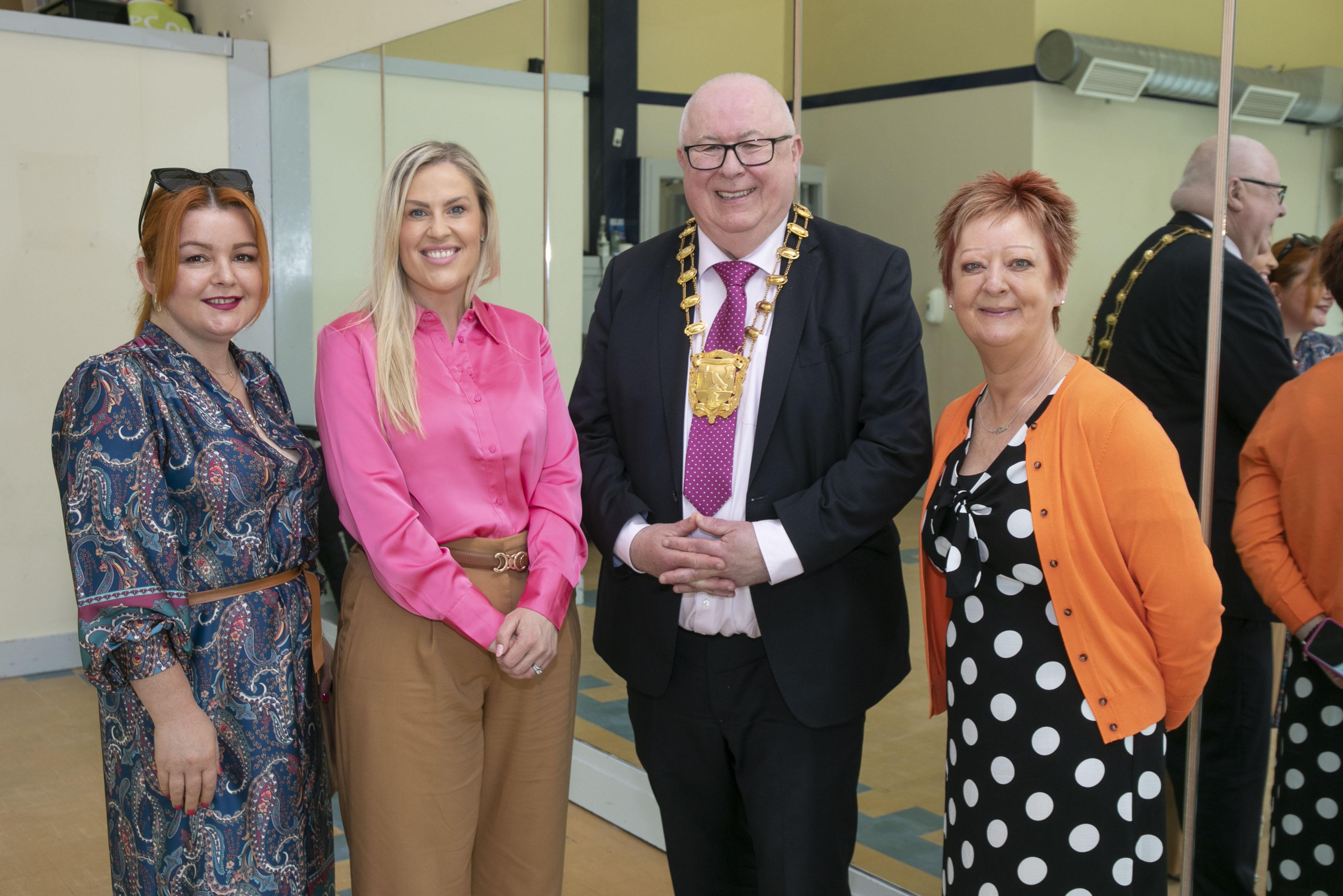 Mayor of Fingal Cllr Howard Mahony with Kelly Myrtaj, Women's Shed Clonee, Hazel McLoughlin, Chairperson, Women's Shed Clonee and Cllr Tania Doyle (right)