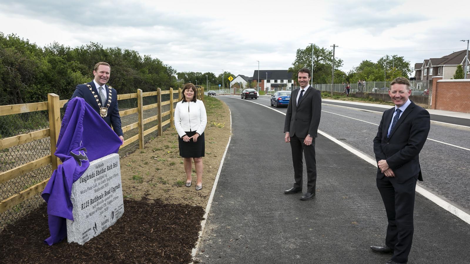 The Mayor of Fingal, Cllr Eoghan O’Brien (left), is pictured with Fingal County Council’s Chief Executive AnnMarie Farrelly, Senior Engineer Paul Carroll and Director of Planning and Strategic Infrastructure, Matthew McAleese (right) at the official opening of the Rathbeale Road Upgrade. 